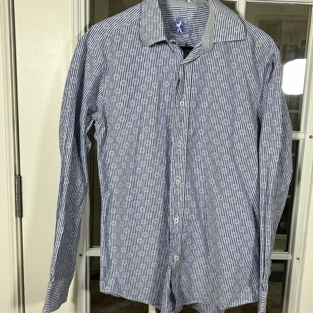 Bugatchi‎ Shaped Fit Blue White Stripe Medallion Print Dress Shirt Men's Medium - Picture 10 of 16